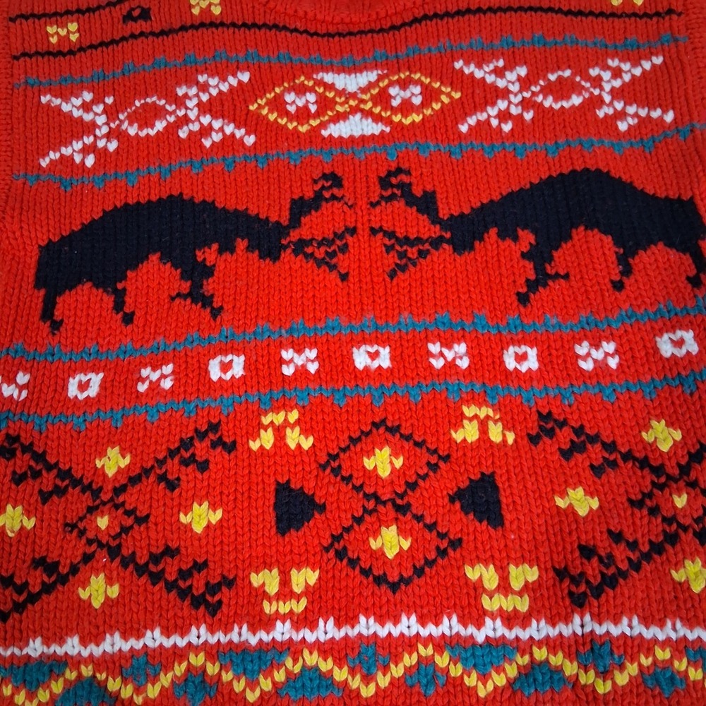 VTG Men's Club Chunky Hand Knit Red Aztec Fair Isle Wool Blend Sweater Medium - Picture 3 of 9